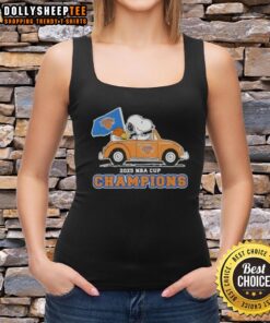 Snoopy driving a car on a New York Knicks tank top celebrating the 2025 NBA Cup Champions with Peanuts characters.