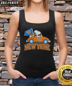Snoopy driving a car in a 'Nice Peanuts' tank top featuring New York Knicks basketball theme.