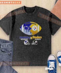 Comfortable washed t-shirt featuring Penn State Nittany Lions for Saturdays and Pittsburgh Steelers for Sundays football.