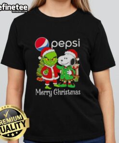 Nice Pepsi x Grinch and Snoopy Merry Christmas ladies tee featuring festive graphics and vibrant colors.