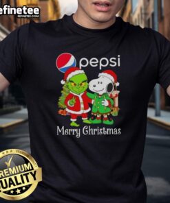 Alt Text: Nice Pepsi X Grinch and Snoopy Merry Christmas T-Shirt featuring festive graphics for holiday cheer.