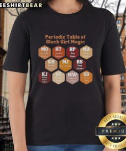 Stylish black girl magic ladies tee featuring a vibrant periodic table design celebrating powerful women in science.
