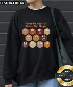 Stylish sweatshirt featuring a periodic table design celebrating Black Girl Magic, perfect for casual wear.