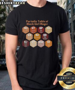 Stylish black t-shirt featuring a colorful periodic table design celebrating Black Girl Magic.