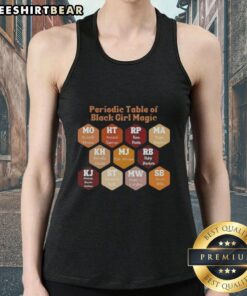 Alt Text: Stylish black girl magic tank top featuring a creative periodic table design celebrating empowerment and culture.