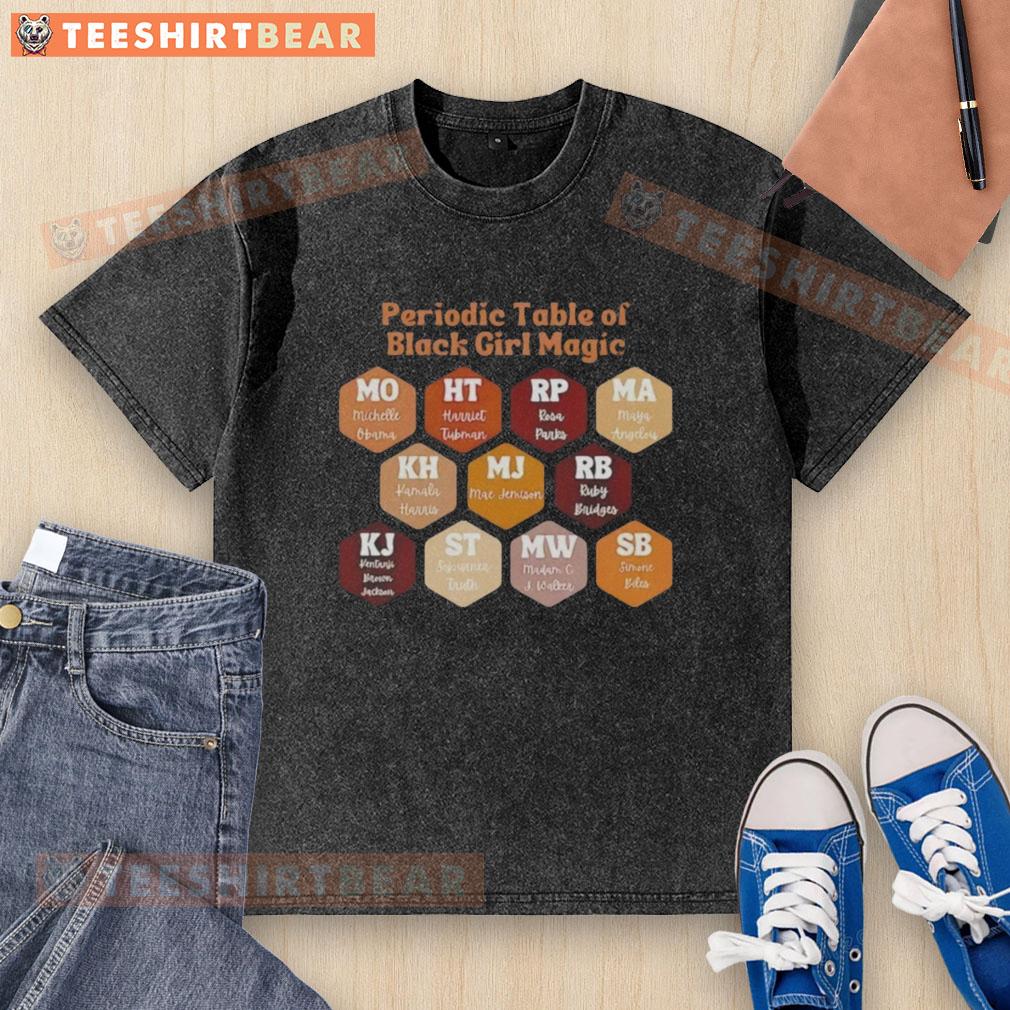 nice-periodic-table-of-black-girl-magic-washed-t-shirt Alt Text: Stylish black girl magic washed t-shirt featuring a colorful periodic table design, celebrating empowerment and creativity.