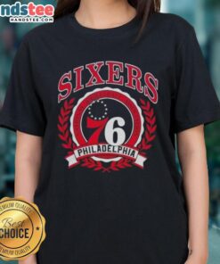 Nice Philadelphia 76ers National Basketball Association crest ladies tee featuring vibrant team colors and logo design.