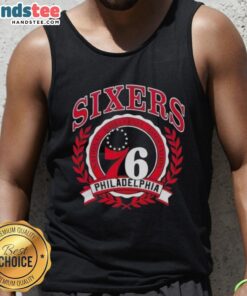 Men's Nice Philadelphia 76ers National Basketball Association crest tank top, showcasing team logo and vibrant colors.
