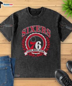 Nice Philadelphia 76ers National Basketball Association crest washed t-shirt, featuring vibrant team colors and logo.