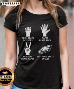 Philadelphia Eagles ladies tee featuring 'Nothing Beats Rock, Scissors, Paper Beats Rock, Scissors Beats Paper' design.