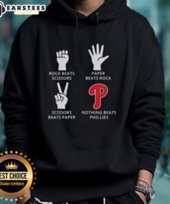 Nice Philadelphia Phillies hoodie featuring 'Nothing Beats Rock, Paper, Scissors' design for fans and gamers.