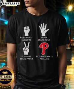 Philadelphia Phillies T-shirt featuring 'Nothing Beats Rock Beats Scissors Paper Beats Rock Scissors Beats Paper' design.