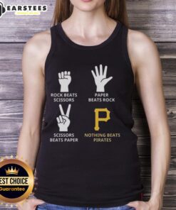 Stylish tank top featuring Pittsburgh Pirates design with 'Rock Beats Scissors, Paper Beats Rock' slogan.
