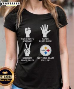 Alt Text: Pittsburgh Steelers ladies tee featuring 'Nothing Beats Rock, Scissors, Paper Beats Rock, Scissors Beats Paper' design.