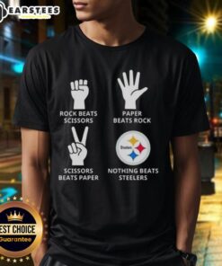 Alt Text: Pittsburgh Steelers T-Shirt: 'Nothing Beats Rock Beats Scissors Paper Beats Rock Scissors Beats Paper' design