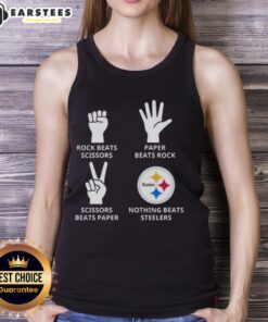 Stylish tank top featuring 'Nothing Beats Rock' design, perfect for Pittsburgh Steelers fans and rock-paper-scissors lovers.