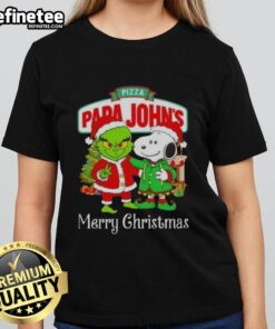 Festive Merry Christmas ladies tee featuring Papa John's pizza, The Grinch, and Snoopy designs for holiday cheer.