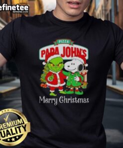 Nice Pizza Papa John's x Grinch and Snoopy Merry Christmas T-Shirt featuring festive design with beloved characters.