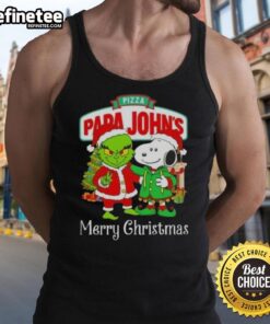 Merry Christmas tank top featuring Papa John's pizza with Grinch and Snoopy designs, perfect for festive celebrations.