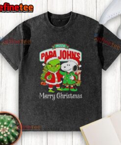 Alt Text: Papa John's Grinch and Snoopy Merry Christmas washed t-shirt featuring a fun pizza design for festive celebrations.