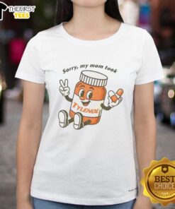 Cartoon ladies on a tee shirt with 'Please Be Patient, Sorry My Mom Took Tylenol' text, perfect for casual wear.