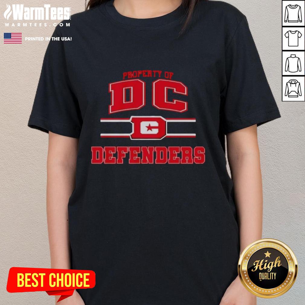 nice-property-of-dc-defenders-ufl-logo-ladies-tee Alt Text: Stylish DC Defenders UFL logo ladies tee showcasing team spirit and comfort for fans of women's sports apparel.