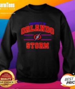 Orlando Storm UFL logo sweatshirt displayed on a hanger, showcasing stylish design for fans of the Orlando Storm.