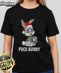 Nice Puck Bunny Christmas Ladies Tee featuring a festive design perfect for hockey fans celebrating the holiday season.