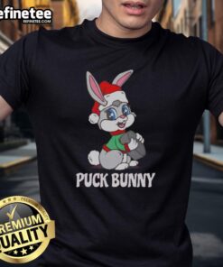 Nice Puck Bunny Christmas T-Shirt featuring a festive design for hockey lovers, perfect for holiday celebrations.