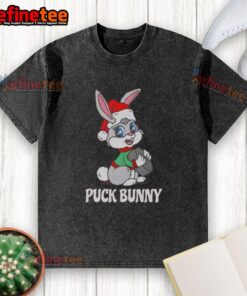Nice Puck Bunny Christmas washed t-shirt featuring festive hockey-themed graphics for holiday cheer.