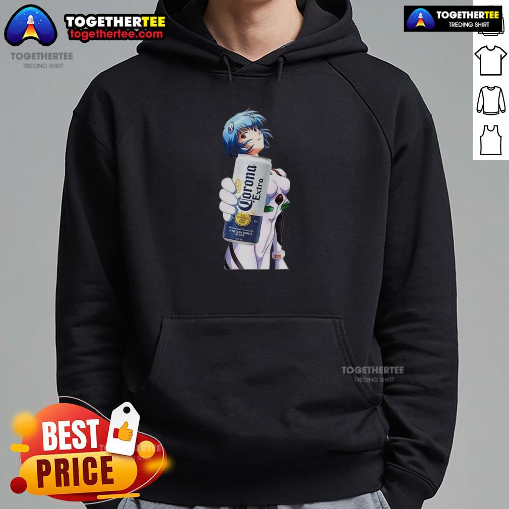 Nice Rei Ayanami X Corona Neon Genesis Evangelion Anime Hoodie Alt Text: Rei Ayanami in a stylish neon Genesis Evangelion hoodie, showcasing vibrant colors and anime-inspired design.