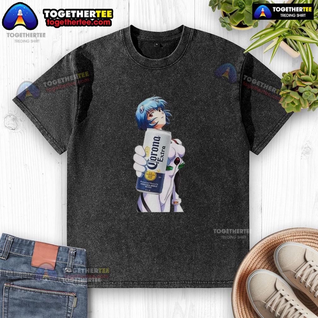 Nice Rei Ayanami X Corona Neon Genesis Evangelion Anime Washed T Shirt Washed t-shirt featuring Rei Ayanami from Neon Genesis Evangelion in a stylish design, perfect for anime fans.