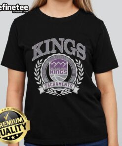 Alt Text: Retro Sacramento Kings NBA logo with laurel wreath frame on a ladies tee, perfect for basketball fans.