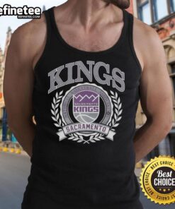 Retro Sacramento Kings NBA logo tank top with laurel wreath frame, perfect for basketball fans and stylish outfits.