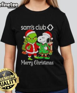Nice Sams Club X Grinch and Snoopy Merry Christmas Ladies Tee showcasing festive designs perfect for holiday celebrations.