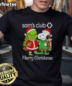 Nice Sam's Club X Grinch and Snoopy Merry Christmas T-Shirt featuring festive holiday graphics and vibrant colors.