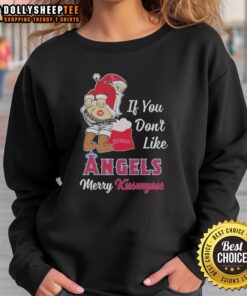 Funny Santa Claus sweatshirt featuring 'If You Don't Like Los Angeles Angels, Merry Kiss My Ass' design.