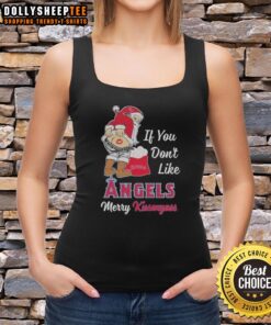 Santa Claus graphic on a tank top reading 'If You Don't Like Los Angeles Angels, Merry Kiss My Ass' - festive apparel.