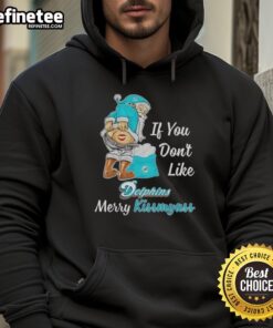 Santa Claus wearing a 'If You Don't Like Miami Dolphins, Merry Kiss My Ass' hoodie, celebrating festive football spirit.