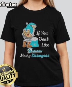 Funny Santa Claus graphic on a ladies tee: 'If You Don't Like Miami Dolphins, Merry Kiss My Ass' design.