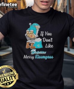 Funny 'Nice Santa Claus If You Don't Like Miami Dolphins Merry Kissmyass' T-shirt, perfect for holiday cheer and sports fans.