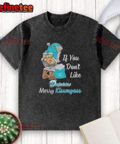 Santa Claus wearing a Miami Dolphins t-shirt with 'Merry Kiss My Ass' slogan, perfect for holiday sports fans.