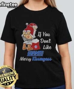 Funny Santa Claus graphic on a ladies tee reading 'If You Don't Like New York Giants, Merry Kiss My Ass'.