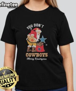 Nice Santa graphic on a Merry Kiss My Ass Christmas ladies tee for Dallas Cowboys fans, perfect for holiday celebrations.