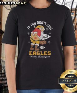 Funny Christmas tee for ladies: 'Nice Santa, if you don't like Philadelphia Eagles, kiss my ass' design.