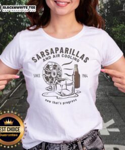 Retro ladies tee featuring 'Nice Sarsaparillas And Air Cooling Since 1964' design, celebrating carbonated drinks.