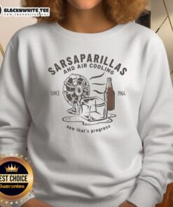 Retro sweatshirt featuring 'Nice Sarsaparillas and Air Cooling Since 1964' design, celebrating carbonated drinks nostalgia.