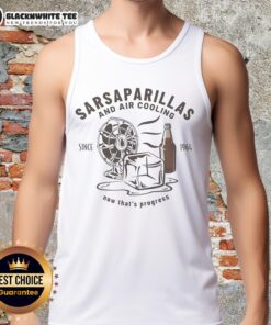 Retro tank top featuring 'Nice Sarsaparillas and Air Cooling Since 1964' slogan, ideal for carbonated drinks enthusiasts.