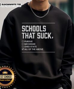 Nice Schools That Suck All of the Above Sweatshirt in navy blue, featuring bold text and a comfortable design for casual wear.