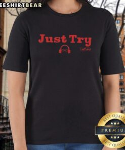 Stylish Nice Scott Van Pelt Just Try Signature Ladies Tee in vibrant colors, perfect for casual wear and sports fans.